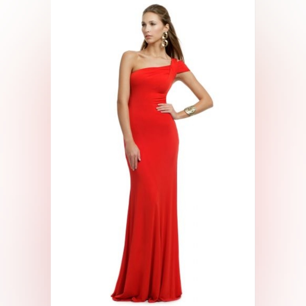 □$500 CARLOS MIELE CORAL RED STRECH RUNWAY GOWN DRESS US S EUR 36